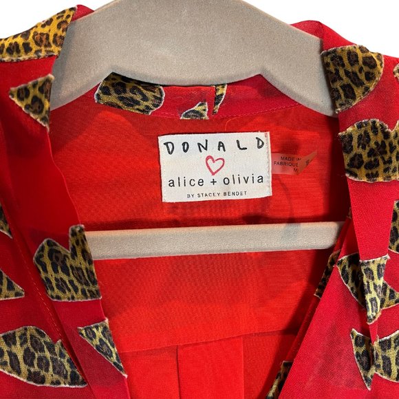 ALICE + OLIVIA RED BLOUSE WITH CHEETAH BURNOUT LIPS 3/4 SLEEVE TOP WITH TIES, M - Picture 8 of 11